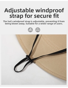 Detail of adjustable windproof chin strap with black toggle on khaki sun hat