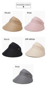 Detailed view of wide brim sun visors in khaki, pink, black, beige, and grey colors