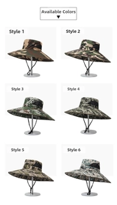 Selection of six camouflage wide-brim sun hats with breathable mesh and chin straps