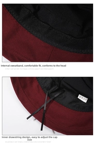 Dettaglio della fascia interna regolabile e trama del tessuto bordeaux del cappello da sole