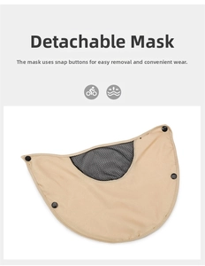 Detail of detachable beige outdoor mask with snap buttons and black breathable mesh fabric