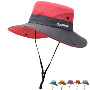 Women Outdoor Large Brim Sun Hat Breathable Polyester Patchwork Bucket Hat With Adjustable Windproof Rope For Fishing Hiking Camping