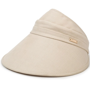 Women's beige wide brim sun hat with open top design and metallic logo detail