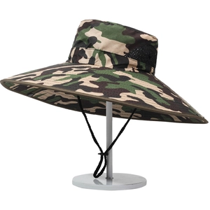 Outdoor camouflage sun hat with 15cm wide brim, breathable mesh and windproof cord