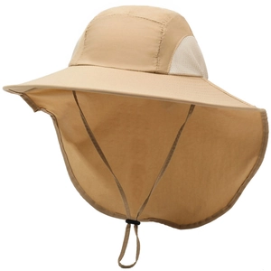 Outdoor khaki sun hat with wide brim, neck protection, and breathable mesh vents