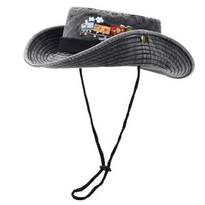 Chapeau de cowboy enfant en denim gris avec broderie train et jugulaire réglable