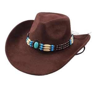 Chapeau de cowboy marron en feutre avec bande de perles turquoise et large bord de style