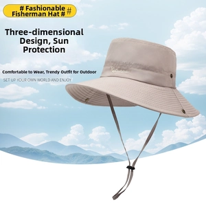 Detail view of beige outdoor sun hat with Outdoors embroidery and adjustable chin strap