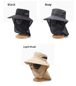 Detail of outdoor sun hat with removable face mask and neck flap in three colors