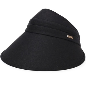 Women's black wide-brim visor hat with fabric pleats and golden metal detail