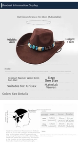 Guide des tailles pour chapeau de cowboy avec tour de tête réglable de 56-60cm et détails