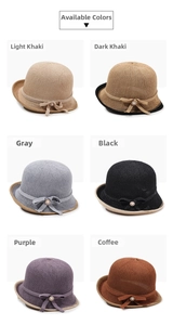 Detail view of foldable breathable knit bucket hats in six colors with pearl bows