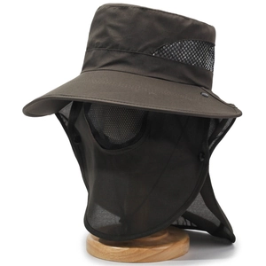 Detail of olive green fishing hat with detachable mesh face cover and neck protection flap