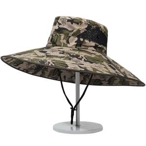 Detail view of camouflage sun hat with 15cm wide brim and breathable black side mesh panels