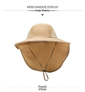 Detail view of khaki sun hat with breathable mesh and protective neck flap