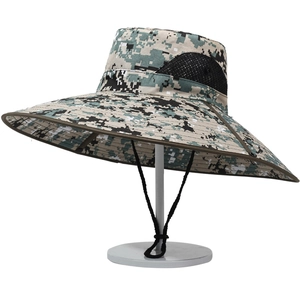 Detail of digital camouflage sun hat with wide brim and black breathable mesh side