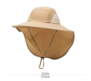 Detail of khaki outdoor sun hat with breathable mesh and protective neck flap