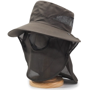 Detail of dark brown outdoor sun hat with detachable face cover and breathable mesh panels