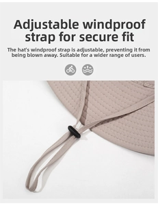 Detail of adjustable windproof strap with plastic buckle on khaki sun hat for hiking