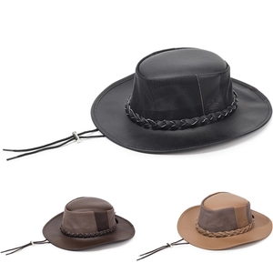 Detail of western cowboy hats showing breathable mesh panels and adjustable chin straps