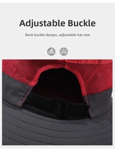 Detail of adjustable rear buckle and breathable mesh fabric on outdoor sun hat