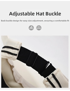 Detailed view of adjustable buckle and elastic strap on beige sun visor hat
