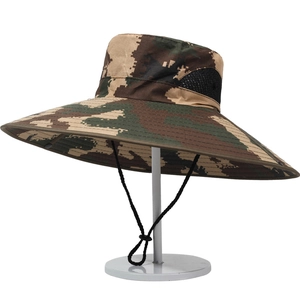 Jungle camouflage outdoor sun hat with 15cm wide brim and breathable mesh panels