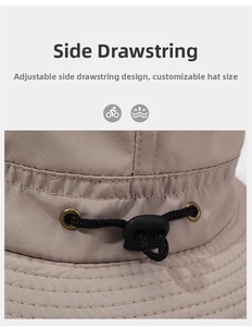 Detail of adjustable elastic drawstring and metal eyelet on khaki sun hat