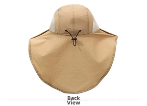 Back view of khaki outdoor sun hat featuring adjustable drawstring and long neck protection flap