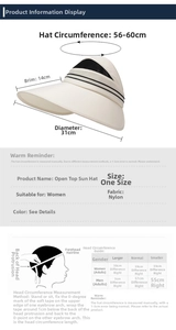 Size guide for women's sun hat showing 14cm brim and adjustable 56-60cm circumference