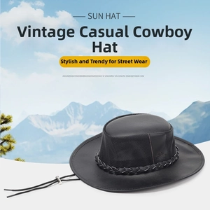 Detail view of black western cowboy hat featuring breathable mesh sides and leather band
