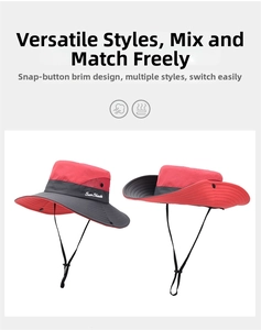 Detail of adjustable windproof strap and side snap buttons for versatile brim styles