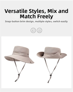 Detail of khaki outdoor bucket hat featuring side snaps and adjustable windproof drawstring