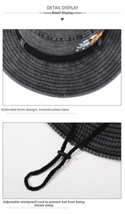 Détail d'un chapeau de soleil à large bord avec cordon réglable et broderie