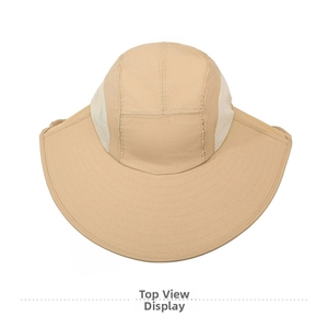 Top view of khaki sun hat with breathable mesh panels and reinforced wide brim stitching