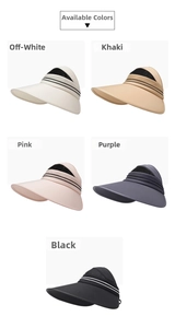 Detail of five colors of women's breathable sun visor hats with mesh top and wide brim