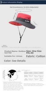 Detailed size chart for sun hat with head circumference measuring guide and dimensions