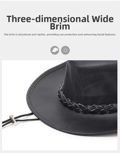 Close-up of black western cowboy hat with breathable mesh crown and woven trim