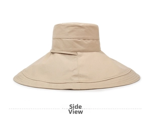 Close-up of the khaki sun hat texture showing fine stitching on wide brim fabric