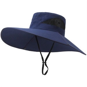 Detail of dark blue sun hat featuring a 15cm wide brim and breathable side mesh panels