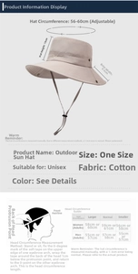 Size guide for quick-dry sun hat showing dimensions and head circumference measurements