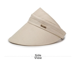 Side view of beige wide-brim sun hat with breathable fabric and metallic buckle detail