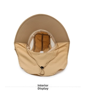 Detail view of khaki sun hat with breathable mesh lining and adjustable chin strap