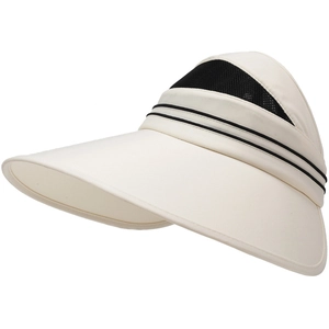 Wide brim breathable sun hat for women with beige canvas and black mesh details