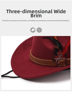 Detail of burgundy felt cowboy hat with faux leather belt and real feather trim