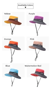 Detail view of large brim sun hats in six colors with breathable mesh and chin straps