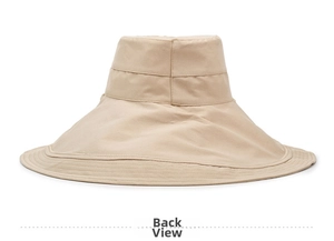 Rear view of a wide brim khaki sun hat with detailed parallel stitching on canvas