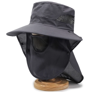 Dark grey outdoor sun hat with wide brim, neck flap and mesh face cover for full protection