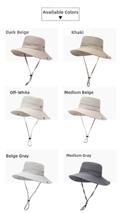 Grid view showing multiple colors of quick-dry sun hats with drawstrings and embroidery
