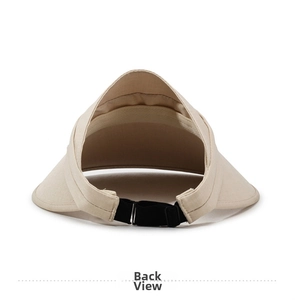 Detail view of adjustable black buckle and elastic strap on beige sun visor hat back
